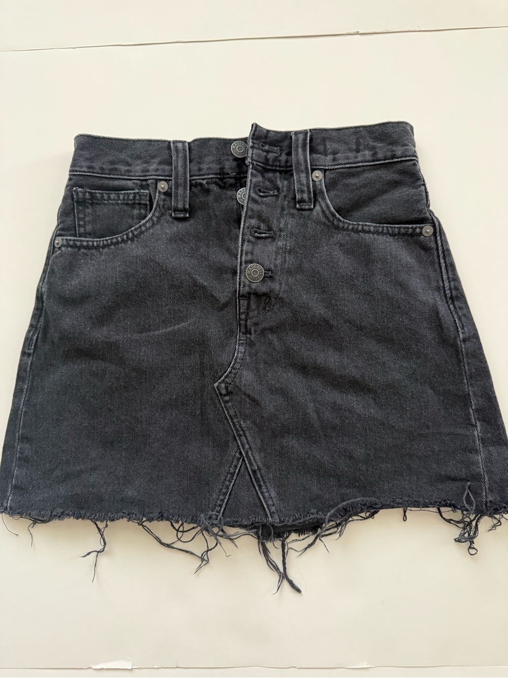 Madewell Rigid Denim A-Line Mini Skirt Black Button Fly Raw Hem Size 26